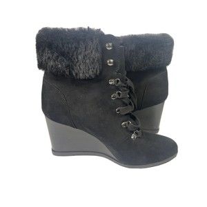 Bamboo Women's Boots Bootie Platform Lug Sole Combat Size 7 Blk On Blk Faux Fur